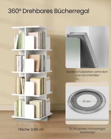 Обертова книжкова полиця EUGAD, кімнатна перегородка, полиця на місці, обертова полиця, офісна полиця, декоративна полиця, вільно обертається на 360 з 4 полицями для спальні, офісу, МДФ, білий, 39,5 x 128 x 39,5 см, 4 полиці (39,5 Ш x 128 В x 39,5 Г см), 