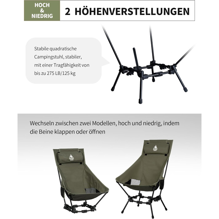 Крісло для кемпінгу OneTigris DRAGONHIDE, висока спинка, складне, вантажопідйомність 125 кг, легке складне кемпінгове крісло, складне рибальське крісло з 2 боковими кишенями, надлегке складне крісло для використання на свіжому повітрі, походи, колір Range