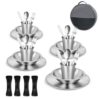 Набір столових приборів для кемпінгу на 4 особи набір кемпінгового посуду зі столовими приборами з нержавіючої сталі, тарілками, мисками та склянками. У комплекті чохол для столових приборів. Портативний набір посуду для активного відпочинку, пікніків та 