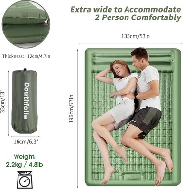 Килимок для сну для 2 осіб, для вулиці, 196 x 135 x 12 см. Килимок для сну/кемпінговий матрац із вбудованим ножним насосом та подушкою для походів, піших прогулянок, наметів та подорожей. Twin XL