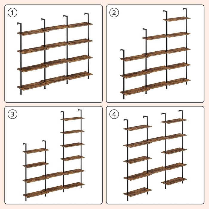 Рівнева книжкова полиця HOOBRO своїми руками, промислова драбина, полиця з ДСП, вертикальна полиця зі стабілізуючою металевою рамою, для домашнього офісу, вітальні, темно-коричневий EBF65CJ01 60 x 24 x 200,5 см темно-коричневий чорний, 6-