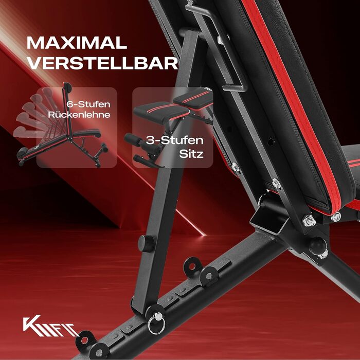 Складана силова лава KM Fit, багатофункціональна тренувальна фітнес-лава Регульована спинка у 6 положеннях Регульоване сидіння у 3 положеннях Повітропроникна поверхня з EVA Вантажопідйомність до 400 кг