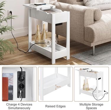 Приставний столик EUGAD, тумбочка з розеткою, столик для дивана, журнальний столик, маленький столик, консольний столик, розкладна стільниця, 3 полиці, для вітальні, спальні, кухні, білий, 0001CHJ