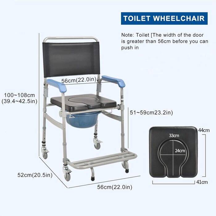 Приліжкове туалетне крісло, Крісло для душу, Регульоване по висоті туалетне крісло зі знімним відром, Портативна транспортна інвалідна коляска для дорослих, Інваліди