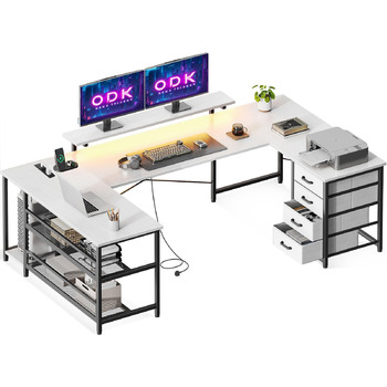 Кутовий стіл ODK з 4 шухлядами та місцем для зберігання, двосторонній кутовий стіл 167102 см з 2 розетками та 2 портами зарядки USB, ігровий стіл зі світлодіодним освітленням та підставкою для монітора для домашнього офісу, білий