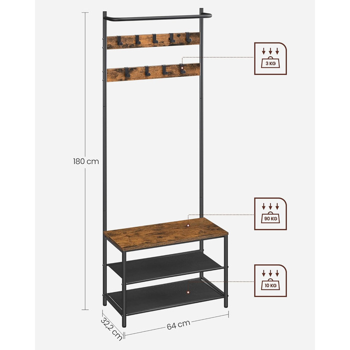 Вішалка для верхнього одягу, Шафа з лавкою для взуття, Вішалка для одягу, Штанга для одягу, 9 знімних гачків, 32,2 x 64 x 180 см, Індустріальний стиль, для спальні в коридорі, Вінтажний коричнево-чорний HSR411B01 32,2 x 64 x 180 см Рустикальний коричневий