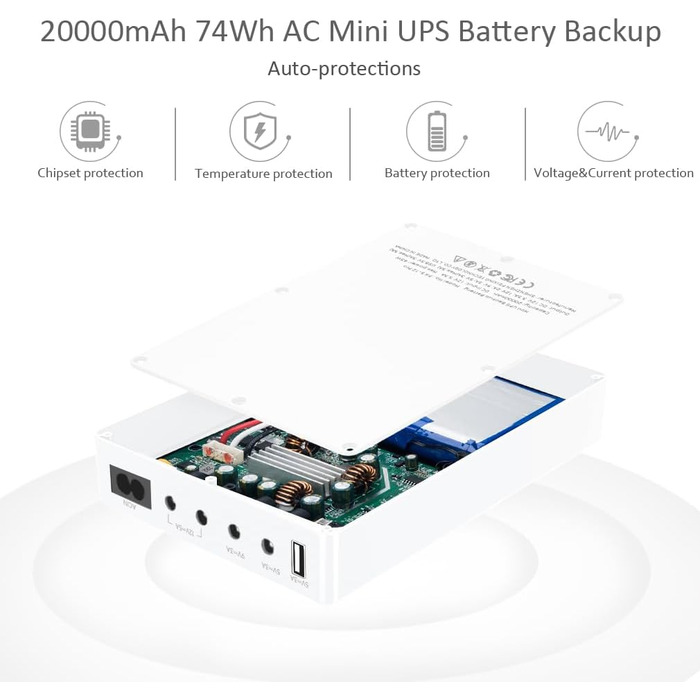 Міні-UPS для роутера, модему, камери з входом AC та виходами USB 5V DC 5V 9V 12V 3A (74Wh, білий)