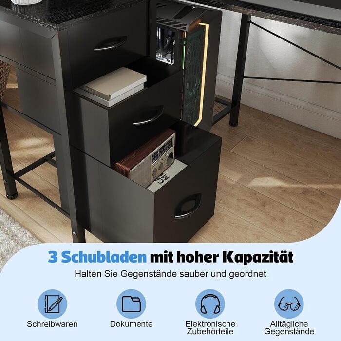 Кутовий ігровий стіл Devoko зі світлодіодним освітленням, місцем для зберігання та 3 шухлядами, 170x95x75 см, стіл з регульованою по висоті полицею, 2 розетками та 2 USB-портами, чорний