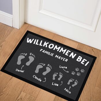 Килимок для дверей з іменем родини та індивідуальними відбитками ніг, нековзний та миється, білий, 60x40 см, відбитки ніг 1, білий