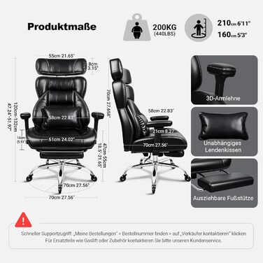 Офісне крісло BASETBL 200 кг, крісло керівника з 4-рівневою газовою пружиною, 3D-підлокітники, регульована поперекова опора та підголівник, тихі гумові ролики, широке сидіння XXL, EN12520, ергономічне офісне крісло