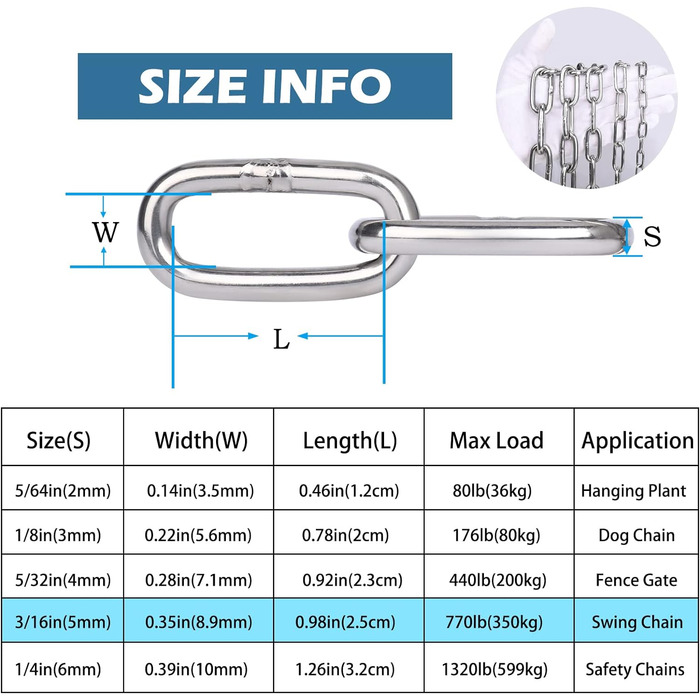 Подовжувач ланцюга Hannger з нержавіючої сталі - 5 м 3 мм Металеві підвісні котушки безпеки Міцний ланцюг до 80 кг Завантажуваний для тіньових вітрил Прикраса огорожі Намисто для собак Орнамент ліхтаря Повітряна йога (0,6 метра 2 шт. и, Ø 5мм)
