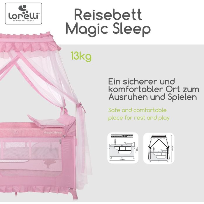 Дитяче ліжечко та манеж Lorelli 3-в-1, ліжко-балдахін Magic Sleep з 2 рівнями, ліжечко від народження, дитяче дорожнє ліжечко, пеленальний килимок, колеса, сумка, рожевий