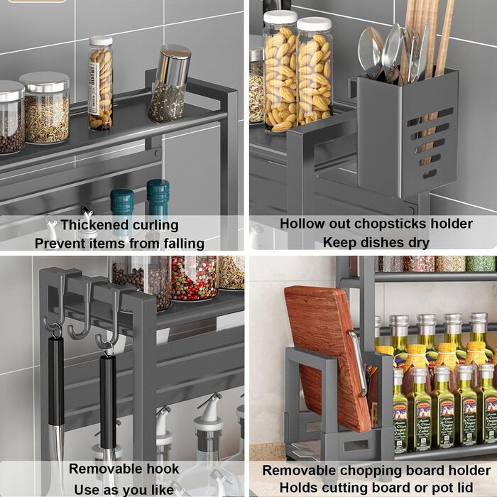Стелаж для спецій Devesanter, 3 яруси, кухонна полиця для банок для спецій великої місткості, металевий органайзер для зберігання на стільниці з тримачем для обробної дошки, тримач для посуду, з 6 гачками, сірий, 3 яруси, металевий, сірий