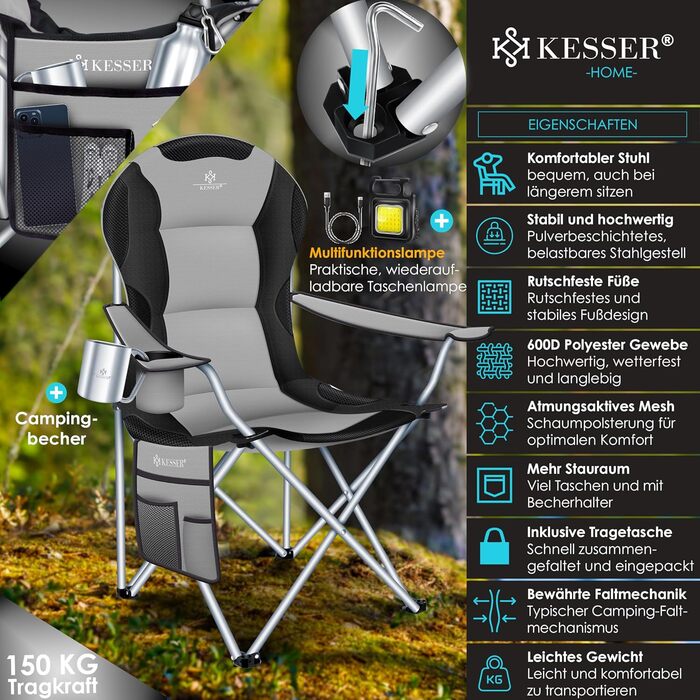 Складаний кемпінговий стілець KESSER, до 150 кг, Рибальський стілець, Складаний стілець, М&39який з підлокітниками, Висока спинка, Пляжний стілець, Складаний табурет, включаючи кемпінговий ліхтарик, Підставка для напоїв, Сумка та чашка, Сірий/Чорний