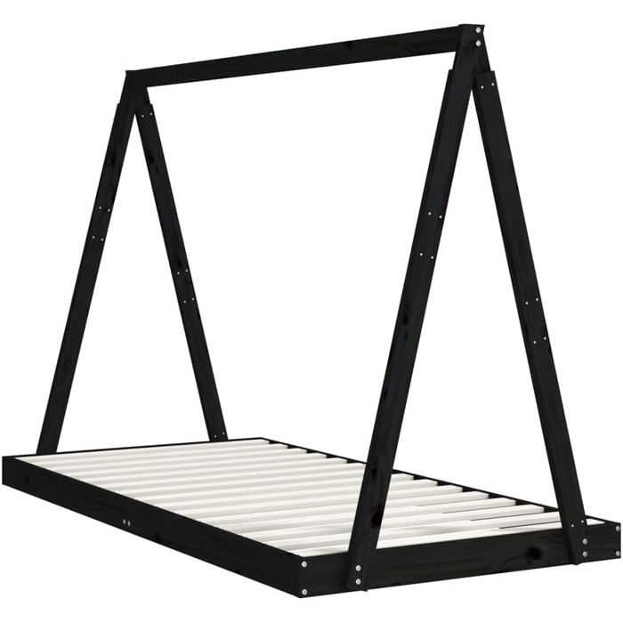 Дитяче ліжко, чорне, 90x190 см, масив сосни, дизайн вігваму, підлогове ліжко з міцними дерев&39яними рейками для вентиляції та стійкості, 199 x 94 x 134 см, чорне