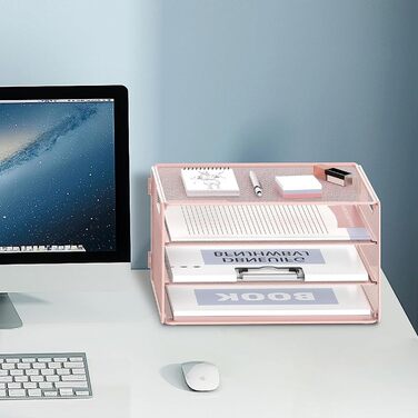 Ярусний лоток для листів, органайзер для паперу з ручкою, лоток для документів, настільний органайзер для школи, офісний органайзер, лоток для листів, металева сітка, рожевий, 3-