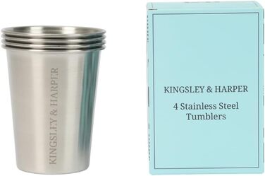 Стаканчики Kingsley & Harper з нержавіючої сталі, 335 мл (набір з 4 шт.) високоякісні, безпечні для харчових продуктів, стійкі до іржі, ударостійкі, багаторазові, екологічно чисті металеві стаканчики марки 304 для дітей, дорослих, кемпінгу, подорожей та.