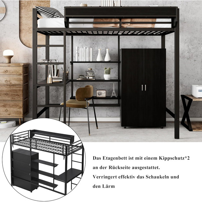 Ліжко-горище Merax 90x200 см з письмовим столом, шафою та полицею для зберігання, міцне металеве двоярусне ліжко з рейковою основою та захисними поручнями, компактне дитяче ліжко-горище, дитяче ліжко-горище, чорне 90 x 200 см, чорне - зі столом та шафою