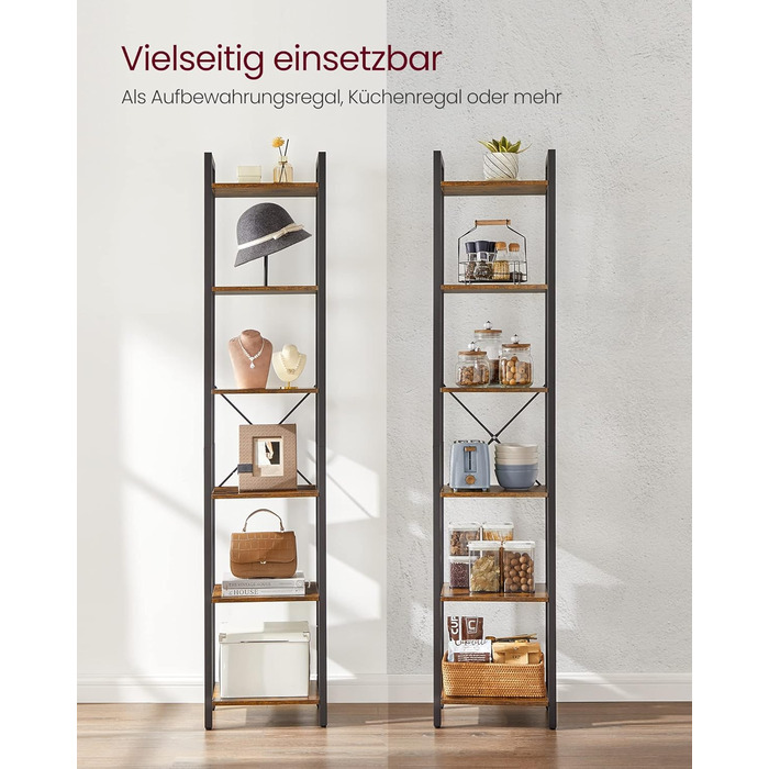 Полиця, книжкова шафа, полиця для DVD, з 6 полицями, офісна полиця, відкриті полиці, для офісу, вітальні, спальні, кухні, 30 x 40 x 186 см, вінтажний коричневий-чорнильний чорний LLS101B01 6 полиць (40Ш x 186В см) вінтажний коричневий чорнильний чорний