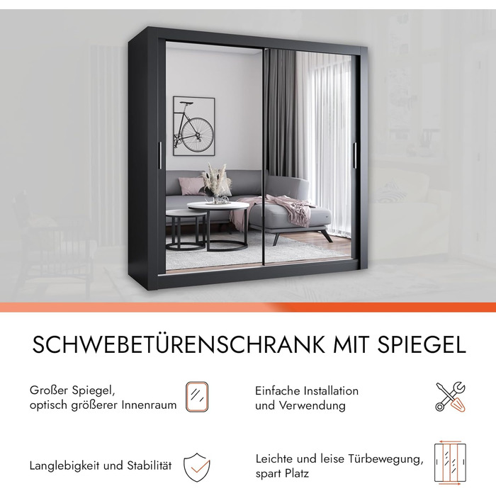 Шафа з дзеркалом - Шафа з розсувними дверима - Шафа для спальні - 64 x 203 x 215 см - Шафа для вітальні - Вішалка для одягу, Шафа з двома дверима, Сучасна 200 см Чорного кольору