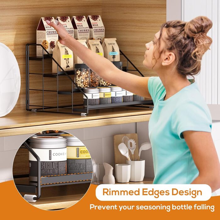 Рівнева підставка для спецій, не потребує свердління, регульована підставка для спецій, сходи для спецій, шафа для спецій, зберігання спецій для кухні, стільниці, комори (чорна, 2 шт.) XXL, 4-