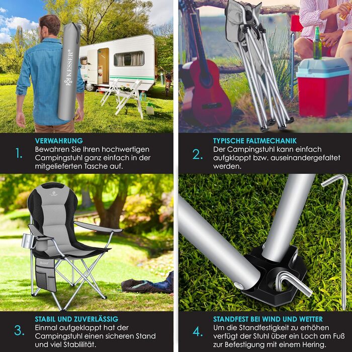 Складаний кемпінговий стілець KESSER, до 150 кг, Рибальський стілець, Складаний стілець, М&39який з підлокітниками, Висока спинка, Пляжний стілець, Складаний табурет, включаючи кемпінговий ліхтарик, Підставка для напоїв, Сумка та чашка, Сірий/Чорний