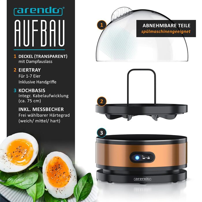 Яйцеварка 400 Вт - конструкція з нержавіючої сталі - 1-7 яєць - яйцеварка - перемикач функцій - 3 ступені твердості на вибір - фун