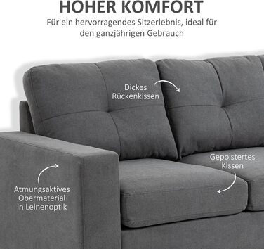 Кутовий диван HOMCOM L-подібної форми з 3 подушками, кутовий диван з ґудзиками, імітація лляної тканини, розкладний шезлонг-диван для вітальні, спальні 193 x 136 x 85 см темно-сірий