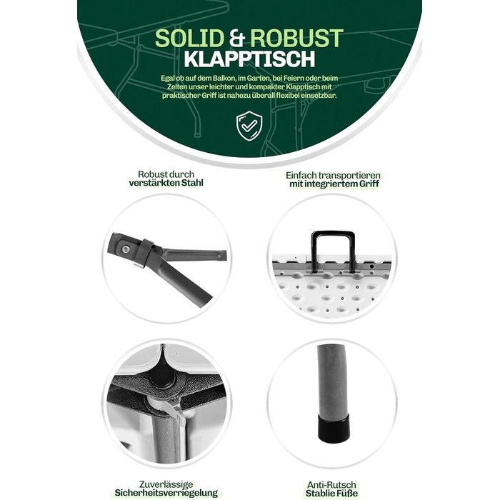 Складаний кемпінговий стіл Blumixx 180x74x74 - Легкий складаний стіл з ручкою для перенесення, всепогодний садовий стіл, складний фуршетний стіл для кемпінгу, саду, балкону, фестивалю та використання на свіжому повітрі - всепогодний, стабільний та легкий,