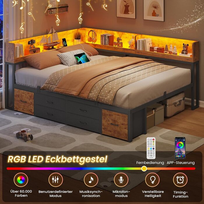 Ліжко 140x200 з місцем для зберігання речей, диван-ліжко з вбудованою книжковою полицею та 6 шухлядами, дитяче ліжко зі світлодіодним освітленням та зарядною станцією, гостьове ліжко, кушетка, каркас ліжка з рейковою основою (вінтажний коричневий, 140x200