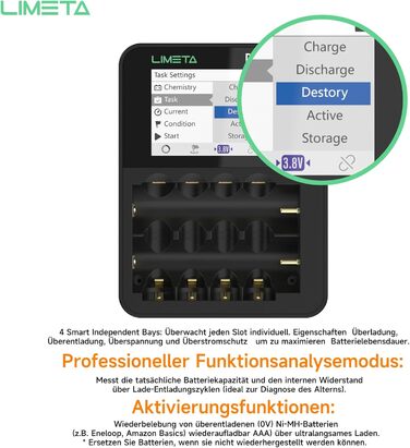 Зарядний пристрій LIMETA 18650 для акумуляторів AA AAA з 42 незалежними слотами, підтримує розряд/аналіз, з РК-дисплеєм, для 3.7V Li-Ion/Ni-MH/Li-Fe/1.5V Lithium 18650 18700 20650 20700 21700 26650 AA AAA R4EVO