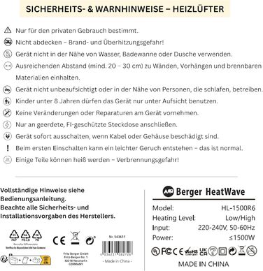 Керамічний вентилятор-обігрівач BERGER HeatWave з пультом дистанційного керування Тихий портативний обігрівач для кемпінгу, майстерні, офісу, ванної кімнати Швидко нагрівається за 3 секунди 3 режими нагріву Енергозберігаючий та безпечний