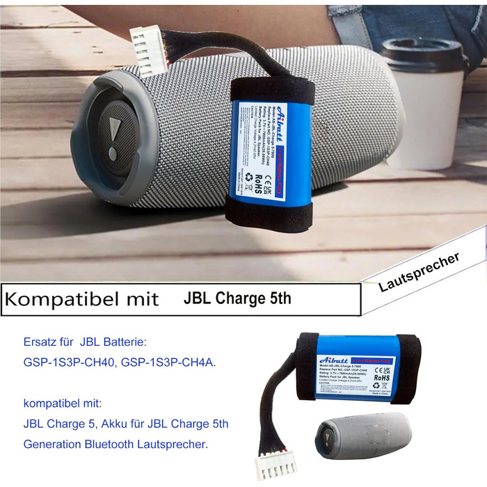 Замінний акумулятор ємністю 7800 мАг для JBL Charge 5, акумулятор для Bluetooth-колонки JBL Charge 5-го покоління, заміна акумулятора JBL GSP-1S3P-CH40, GSP-1S3P-CH4A.