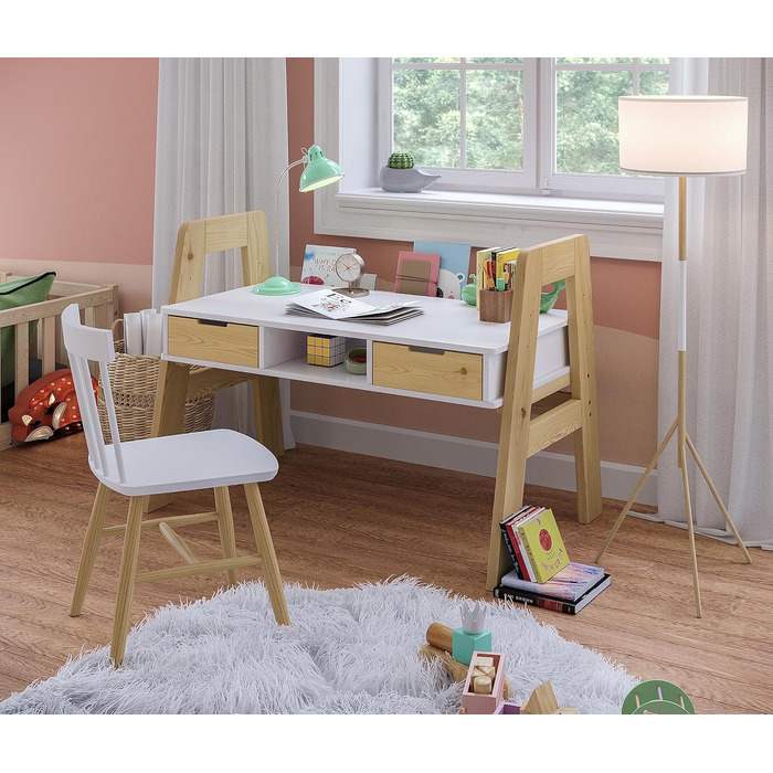 Дитячий письмовий стіл Bellabino Campo регульований по висоті з дерева в білому/натуральному кольорі з 2 шухлядами, 1 полицею і 3