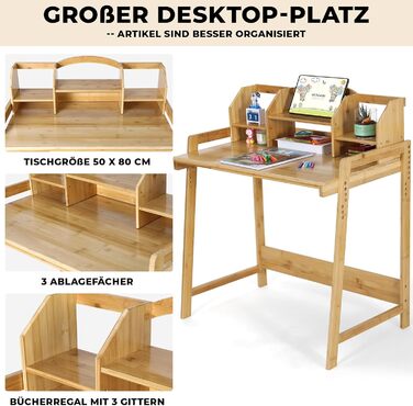 Регульована по висоті дитяча парта, дитяча парта зі стільцем, бамбукова дерев'яна парта, шкільна парта з полицею для зберігання кн