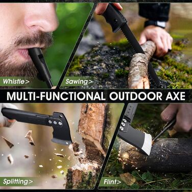 Універсальний туристичний сокира-ніж Freelander 5-в-1 з пилкою, піхвами та свистком, 34 см, для кемпінгу, походів та виживання, чорний