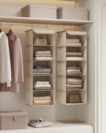 Підвісний органайзер SONGMICS, набір з 2 шт. , органайзер для шафи, підвісна полиця, підвісне місце для зберігання, складаний та компактний, металеві гачки та бамбукові вставки, текстура, що нагадує лляну тканину, пісочно-бежевий RCH005Y02 Пісочно-бежевий