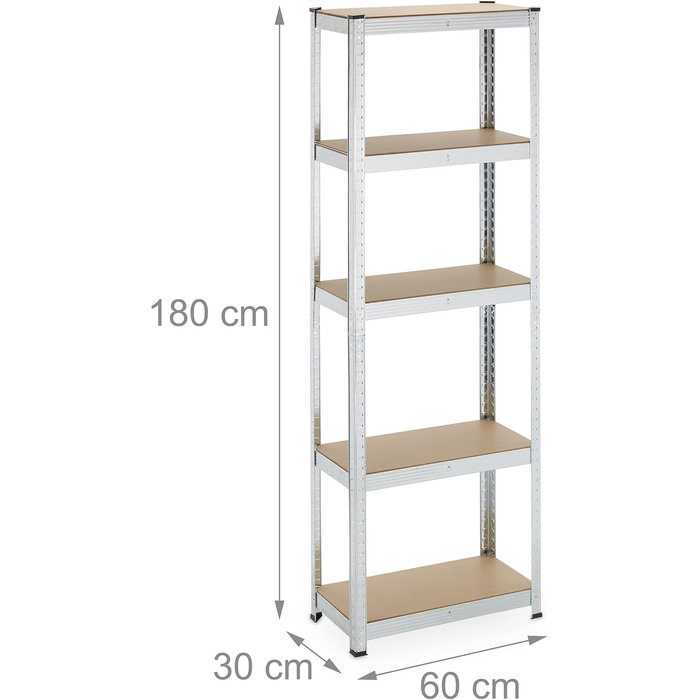 Потужний стелаж Relaxdays, ВxШxГ 180x60x30 см, 500 кг, оцинкована сталь, полиця для зберігання в підвалі, гаражі, вставного типу, сріблястий