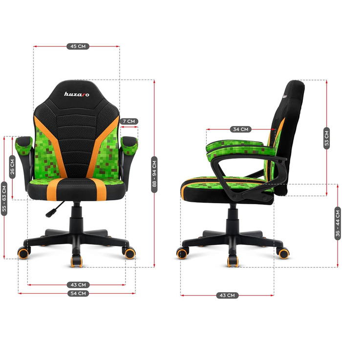 Ігрове крісло Huzaro Ranger 1.0 для дітей, офісне крісло, геймерське крісло, письмове крісло, ергономічний сучасний дизайн, підлокітники, регулювання висоти сидіння, гумові колеса, розміри 0,54 м x 0,43 м x 0,94 м