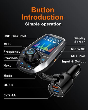 Передавач Bluetooth для автомобіля з 1,8-дюймовим кольоровим екраном Bluetooth Гучний зв'язок Автомобільний радіоадаптер Bluetooth 4 в 1 MP3-плеєр AUX 2 порти USB SD/TF карта (QC3.0 2.4A/5V сріблястий)