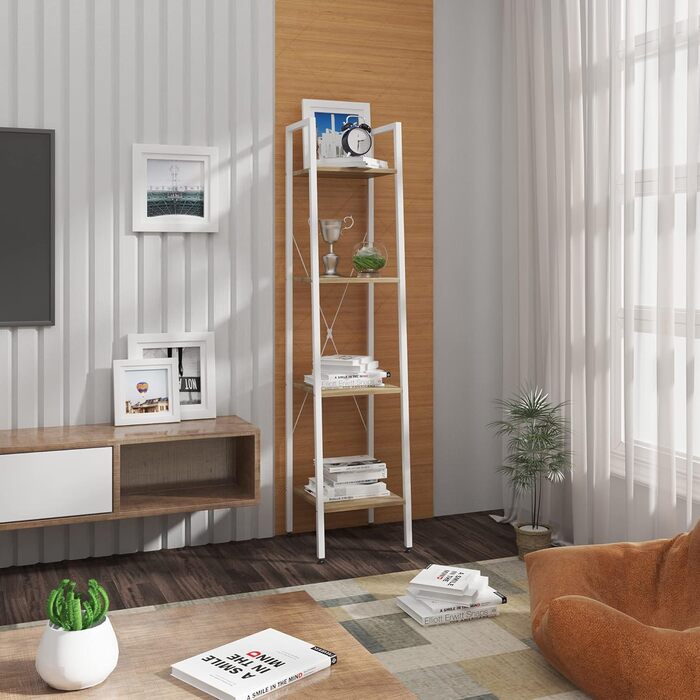 Окремостояча полиця WOLTU, полиця для ванної кімнати, книжкова полиця, кухонна полиця, полиця для взуття з дерева та сталі, з 4 полицями, приблизно 34 x 35 x 148 см, білий світлий дуб RGB9284whe 34 x 35 x 148 см білий дерево