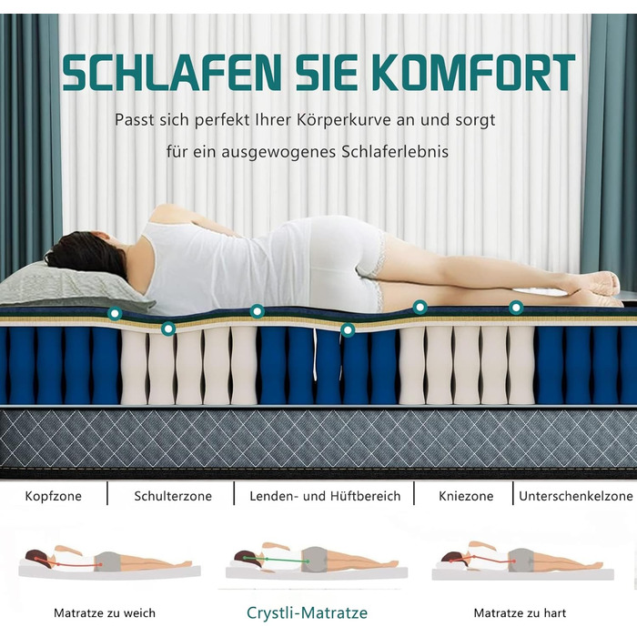 Матрац Crystli 90x200, 7-зонний гібридний матрац для зняття тиску та прохолоднішого сну, пружинний матрац, рівень жорсткості H3 з відмінною точковою еластичністю, висота матраца 25 см 25 см 90 x 200 см