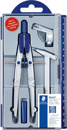 Шкільний компас STAEDTLER Noris Club 550 02 зі швидким регулюванням, комплект з подовжувачем і універсальним адаптером, з направляючою шпинделя, точний і точний, міцний корпус з відкидною кришкою