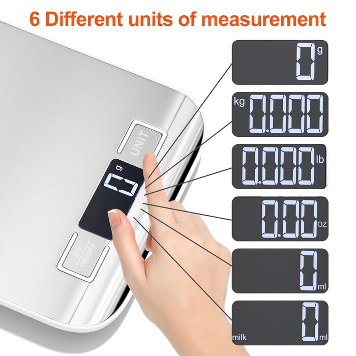 Кухонні ваги Fousenuk 10кг/1г електронні, цифрові ваги з нержавіючої сталі з РК-дисплеєм і функцією тари, точне автоматичне вирівн