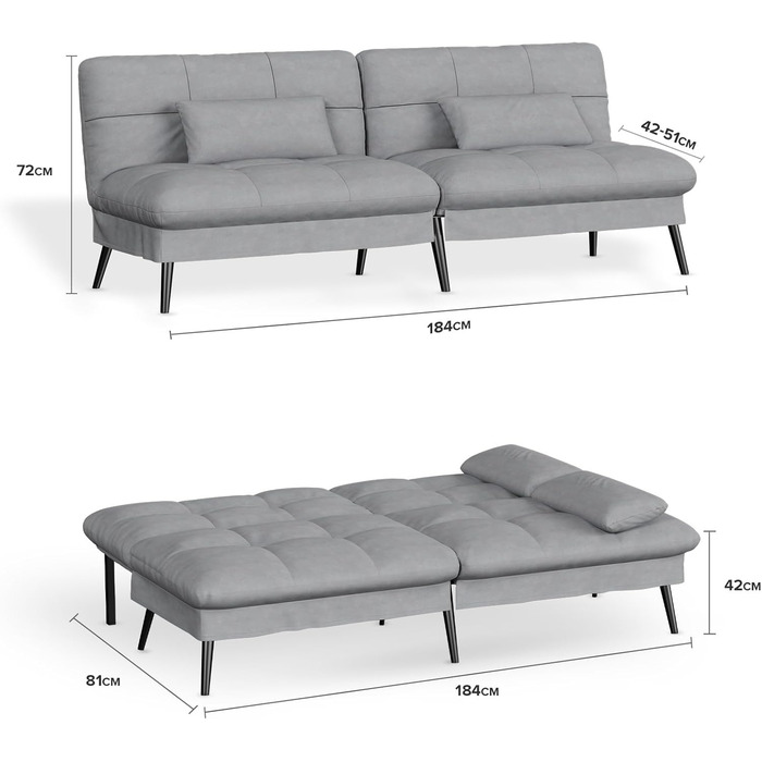 Диван-ліжко COMHOMA з функцією сну розкладний футон кутовий диван 3-місний гостьовий диван з регульованою спинкою із сірої тканини