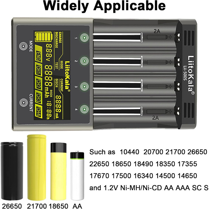Зарядний пристрій LiitoKala Lii-500S для акумуляторів 18650, швидкий зарядний пристрій з РК-дисплеєм та сенсорним керуванням, зарядний пристрій на 4 слоти для акумуляторів типу АА з адаптером 12 В 3 А для літій-іонних, AA, AAA, Ni-MH, Ni-CD акумуляторів 1
