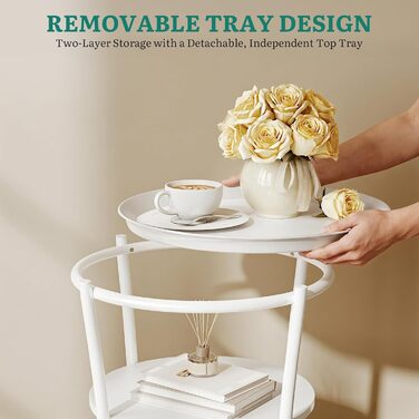 Круглий журнальний столик YITAHOME з двоярусним місцем для зберігання та знімним підносом, журнальний столик для вітальні, спальні або квартири, міцний журнальний столик, регульовані ніжки, білий, 45 x 45 x 53 см