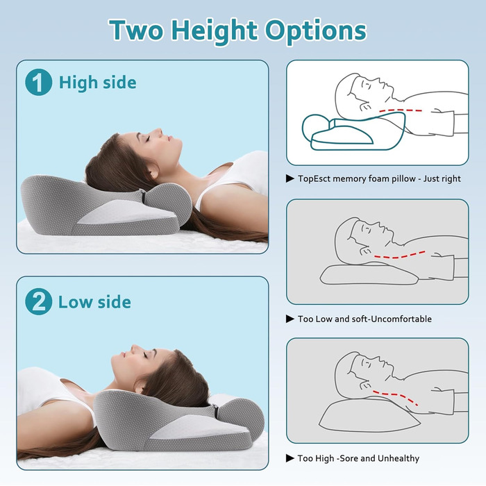 Подушка TopEsct з піни з ефектом пам&39яті, подушка для сну на боці, подушка для шиї та подушка для голови для сну на боці та спині (сіра)
