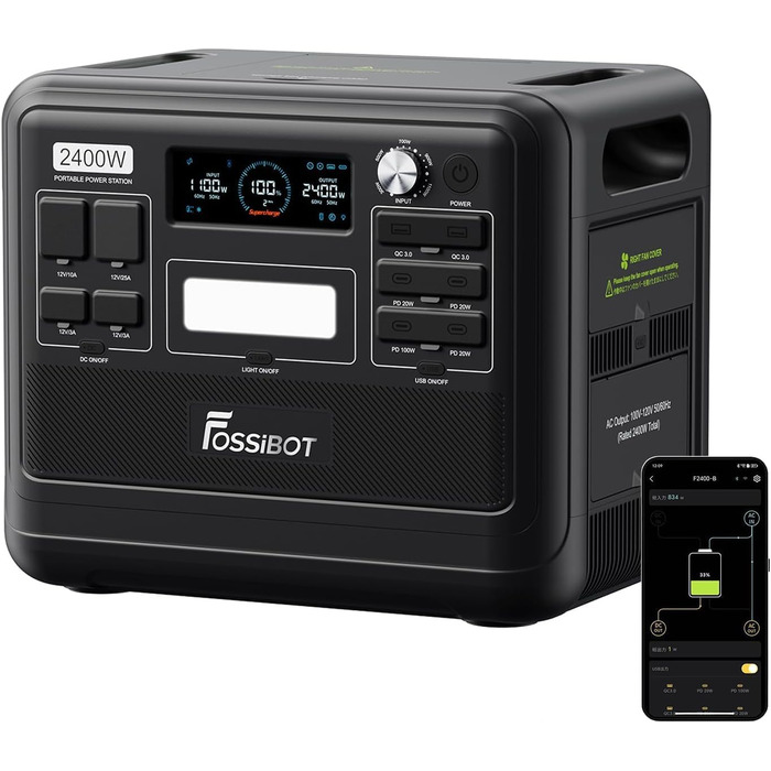 Портативна електростанція FOSSiBOT F2400 з LiFePO4 ємністю 2048 Втгод, сонячний генератор потужністю 2400 Вт (пікова потужність 4800 Вт), 230 В, 3 виходи змінного струму, надшвидка зарядка для аварійного живлення, домашнє джерело живлення, кемпінг, F2400 