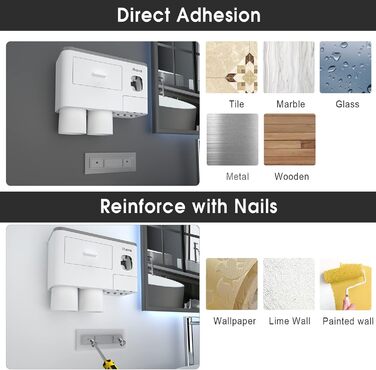 Тримач для зубних щіток для прикраси ванної кімнати, настінний тримач для зубних щіток на 2 кружки з дозатором зубної пасти, аксес